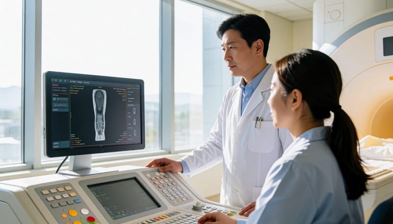 영상의학과 의사가 다리 MRI 화면을 살펴보는 모습