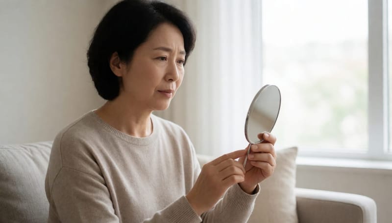 옆구리를 만지며 피부를 살펴보는 여성
