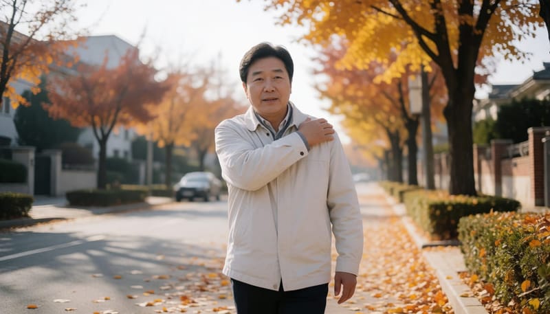 환절기 거리에서 피곤한 듯 어깨를 만지는 남성