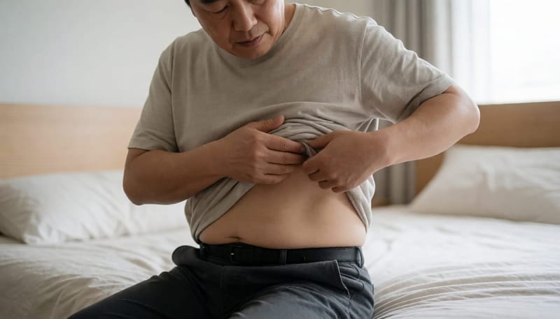 몸통 발진을 걱정스럽게 살펴보는 남성