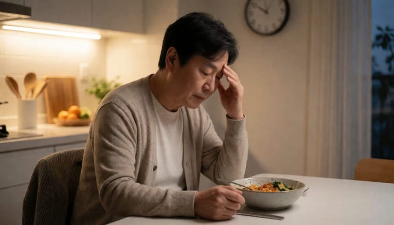 중년 남성이 저녁 식탁에서 식사를 미룬 채 피곤한 표정으로 앉아 있는 모습