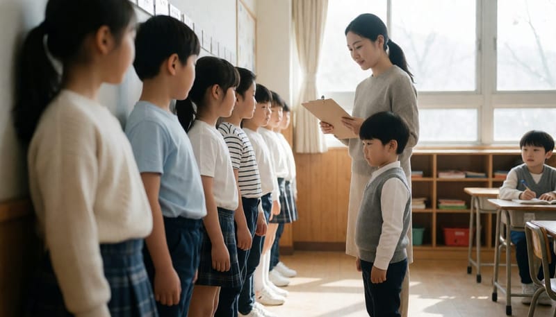 새 학기 키 순서로 줄을 서는 초등학교 교실, 맨 앞줄에 선 남자아이