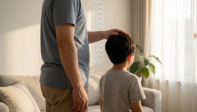 거실에서 아빠와 등을 맞대고 키를 비교하는 아이, 벽에 성장 기록 스티커