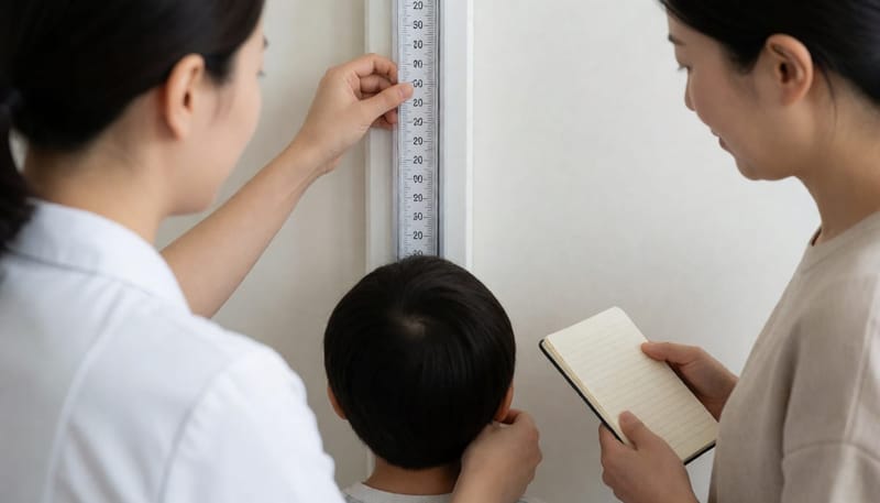 신장계로 아이의 키를 재는 간호사의 손, 옆에서 기록을 확인하는 엄마