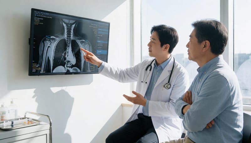 어깨 치료 방법을 상담하며 MRI 영상을 함께 보는 의사와 환자