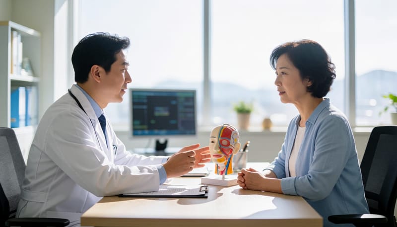 의사가 환자에게 검사에 대해 설명하는 진료실 장면