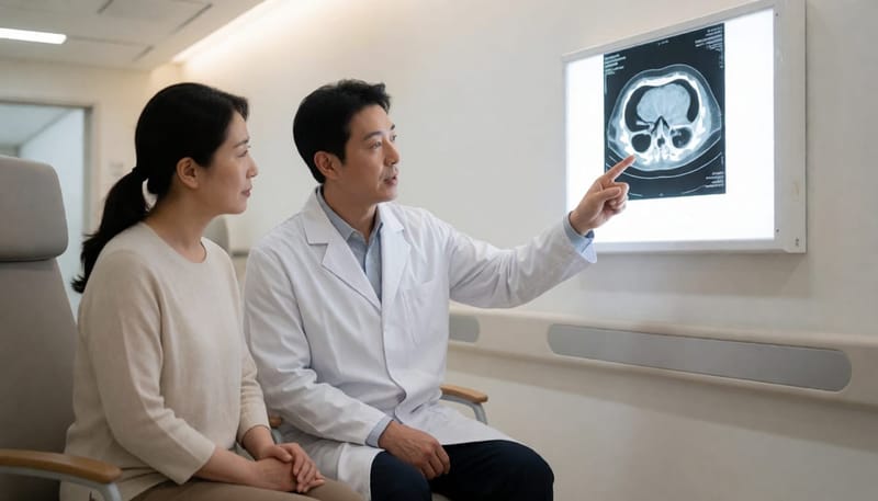 의사가 부비동 CT 영상을 환자에게 설명하는 진료 장면