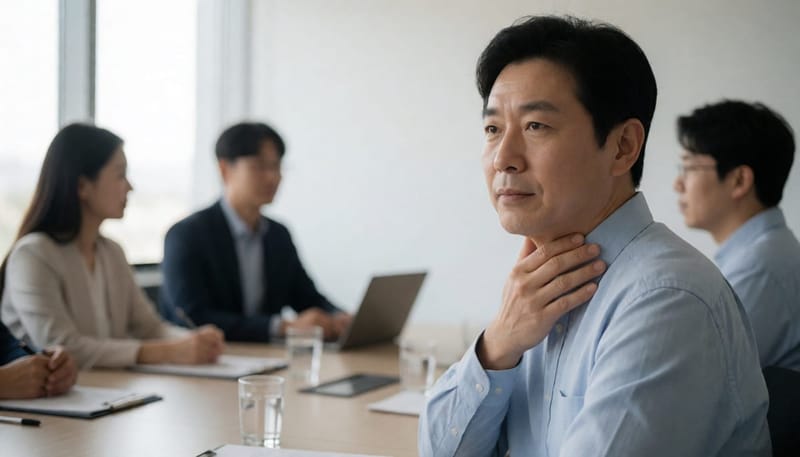 회의 중 목이 불편해 보이는 남성