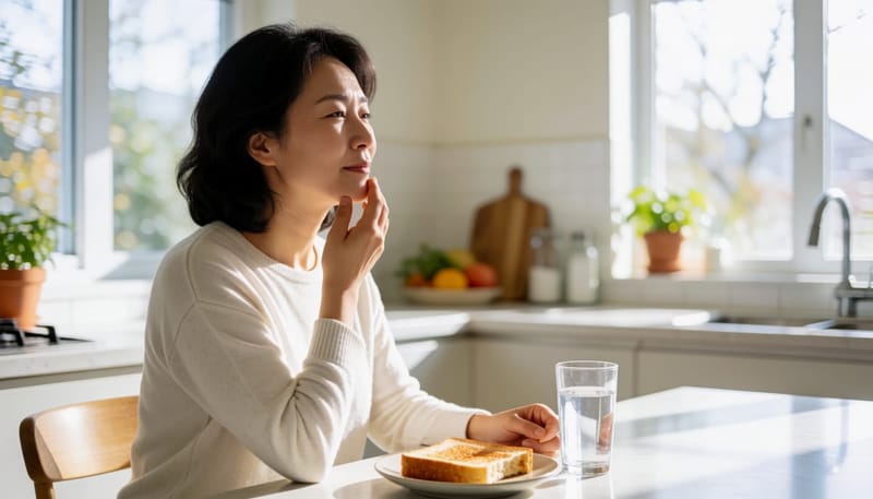 입마름과 관절 불편감을 동시에 느끼는 여성의 모습