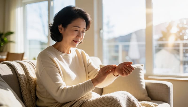 손목 관절 통증과 눈 뻑뻑함을 함께 겪는 여성