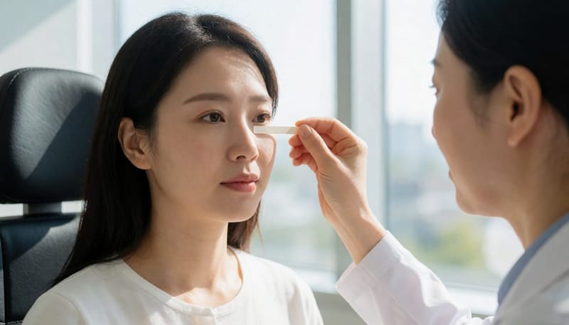 쉬르머 검사를 받고 있는 환자의 눈 클로즈업