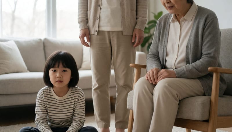 연령대가 다른 세 가족 구성원이 함께 있는 거실 장면