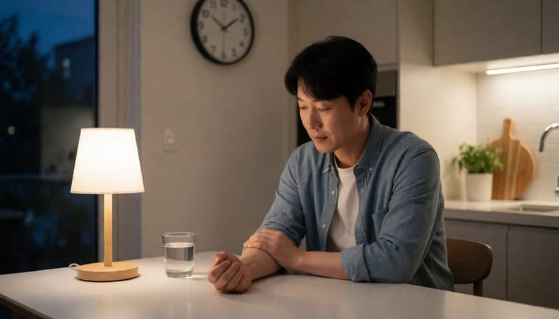 밤늦게 부어오른 물린 자국을 확인하는 남성의 모습