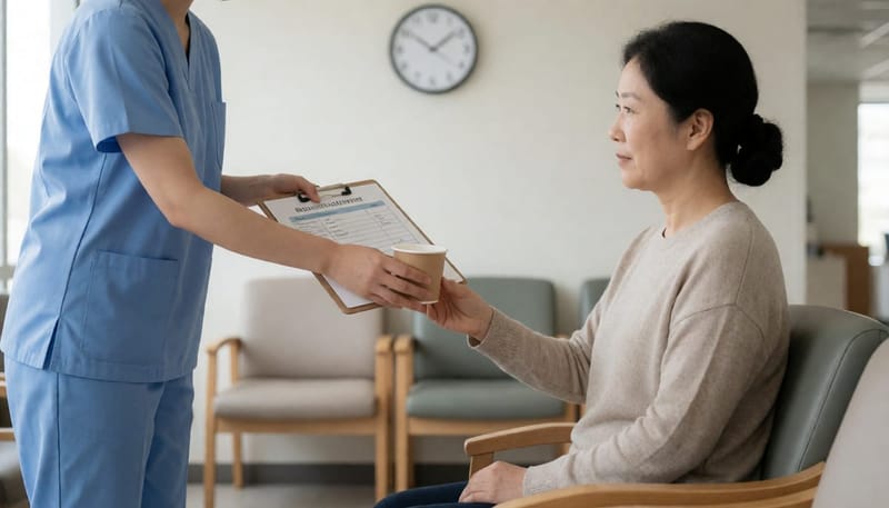 검사 전 금식 안내와 준비물을 전달받는 환자와 간호사