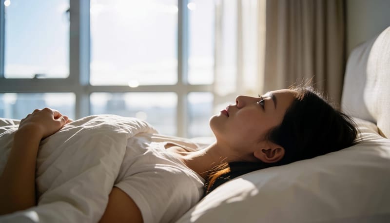 이른 아침 눈을 뜬 채 몸은 움직이지 못하는 여성의 모습