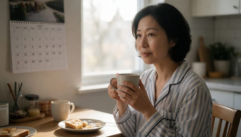 40대 여성이 아침 식탁에서 피곤한 표정으로 커피잔을 들고 있다