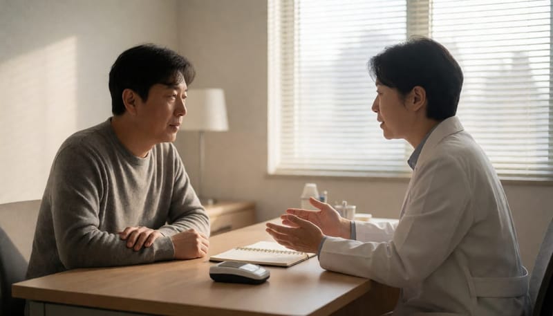 의사와 환자가 진료실에서 수면 기록지를 보며 상담하고 있다