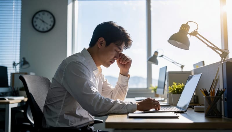 야근 후 늦은 밤 사무실에서 피곤함에 눈을 비비는 직장인