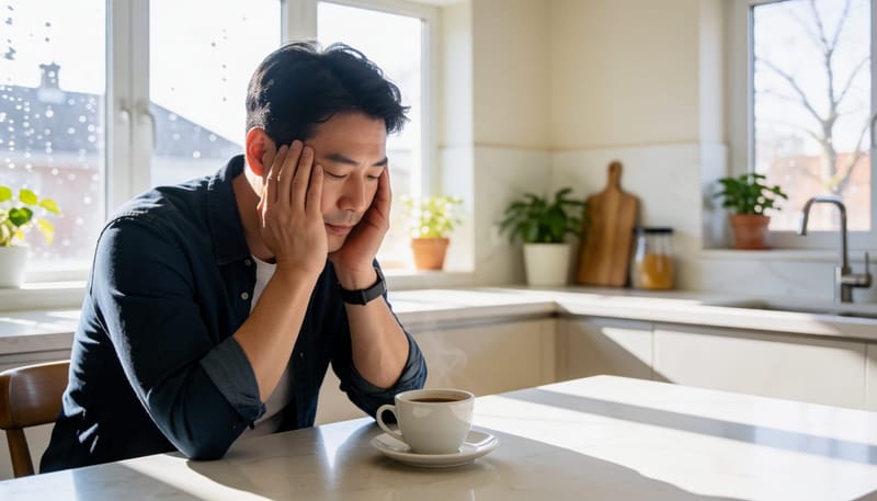 아침 식탁에서 멍하게 머리를 감싸고 앉아있는 남성