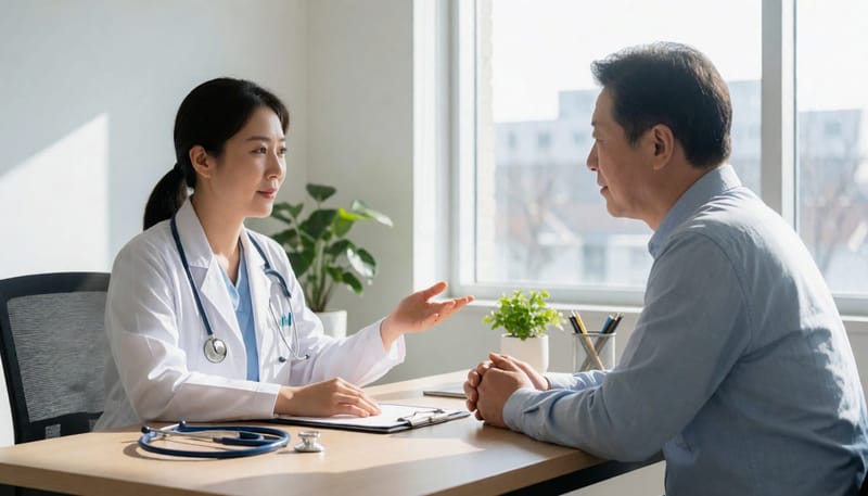 진료실에서 환자와 상담하며 치료 방향을 설명하는 의사