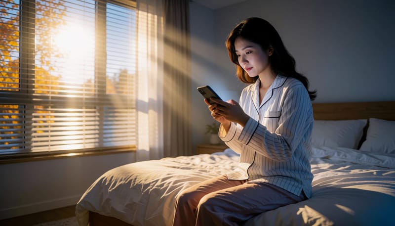 환절기 밤, 침대에 걸터앉아 어두운 방에서 스마트폰을 보는 여성