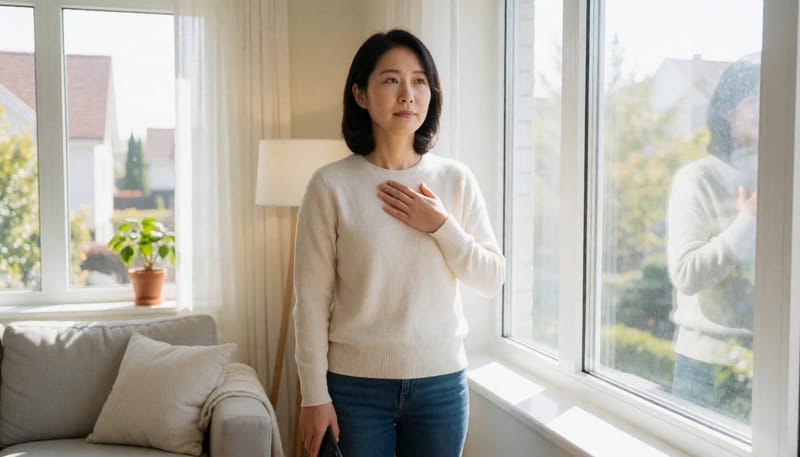 거실 창가에서 가슴에 손을 얹고 상태를 살피는 여성, 자연광 속 미디엄 샷