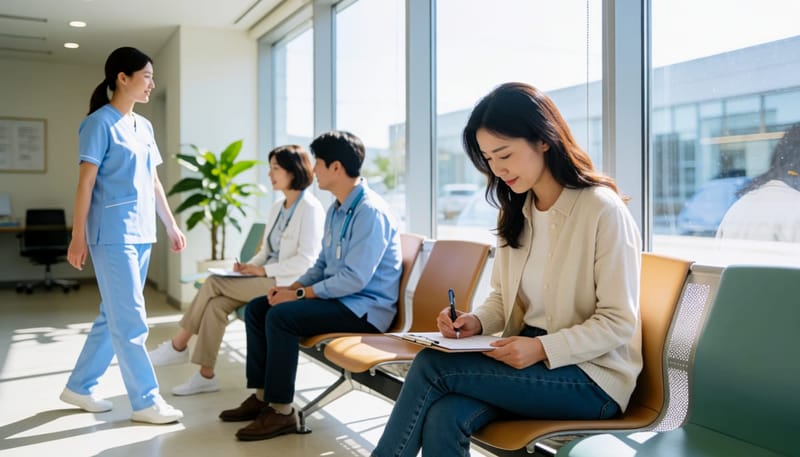 밝은 병원 대기실에서 문진표를 작성하는 환자와 지나가는 간호사, 대각선 구도