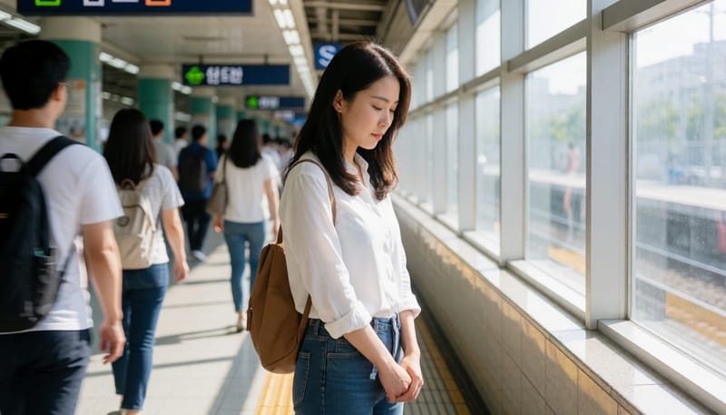 지하철역에서 시선을 피하며 몸을 움츠린 여성의 뒷모습 구도