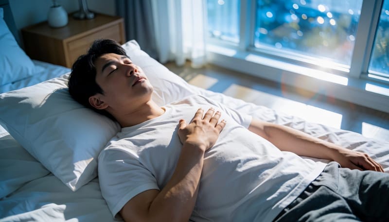 이른 아침 침대에서 호흡을 가다듬는 남성의 위에서 내려다본 구도