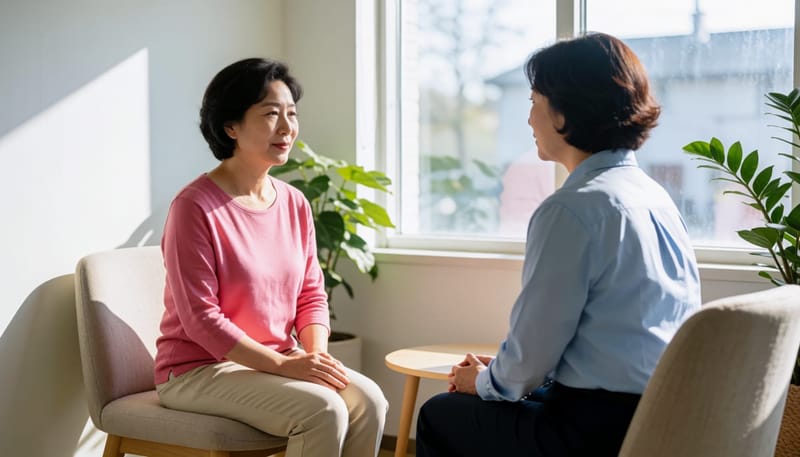 상담실에서 상담사와 마주 앉아 대화하는 여성의 측면 구도