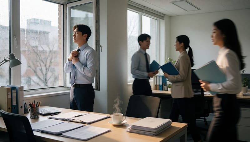환절기 흐린 날씨 속 분주한 사무실에서 넥타이를 풀며 지친 남성