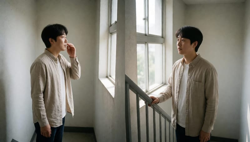 계단실에서 차분히 숨을 고르며 안정을 찾는 남성