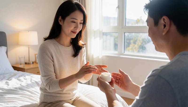밤에 침대에 앉아 손에 핸드크림을 바르는 여성의 모습