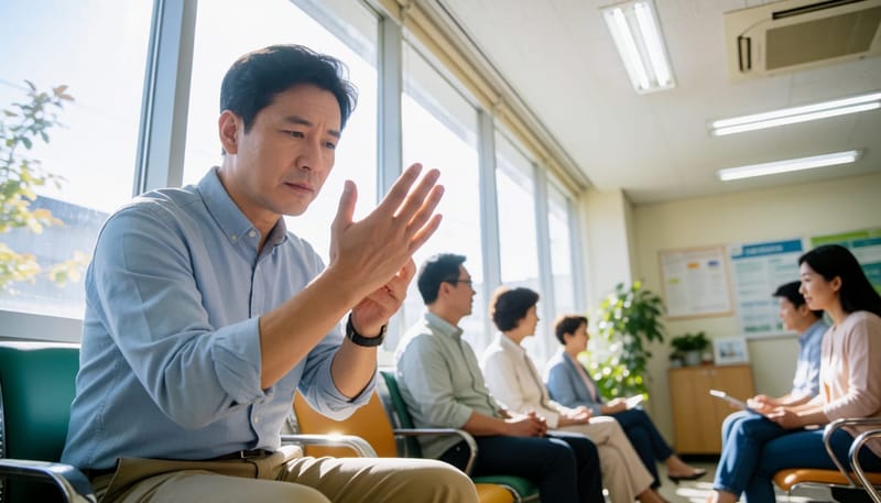 손바닥 상태를 걱정스럽게 살펴보며 대기실에 앉아있는 남성