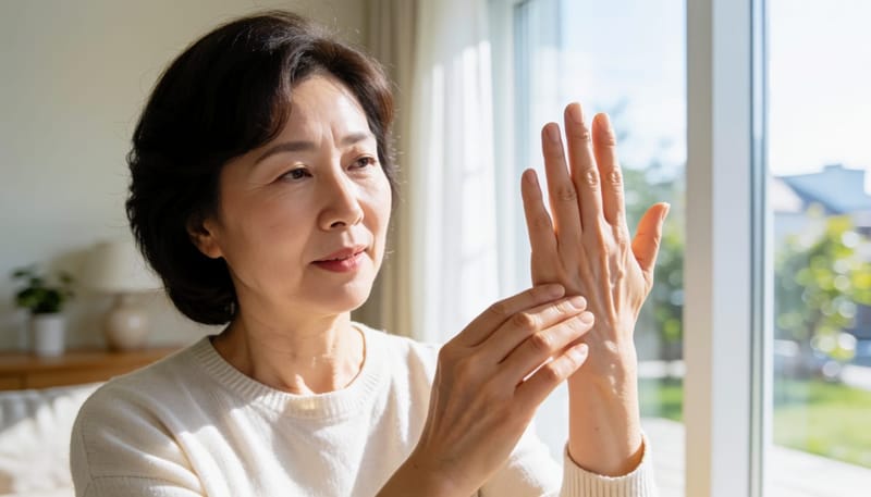 손등을 들어 반점을 살펴보는 40대 여성의 손 클로즈업