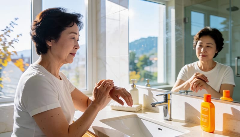 손등에 자외선 차단제를 바르는 50대 여성