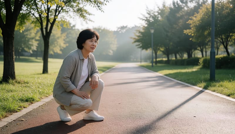 공원에서 걷다가 다리가 저려 쪼그려 앉은 중년 여성