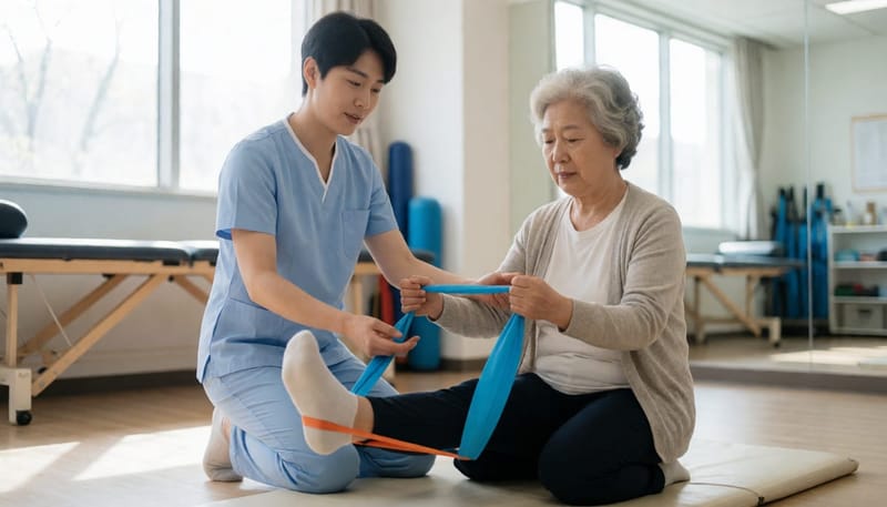 물리치료사와 함께 다리 재활 운동을 하는 노년 여성