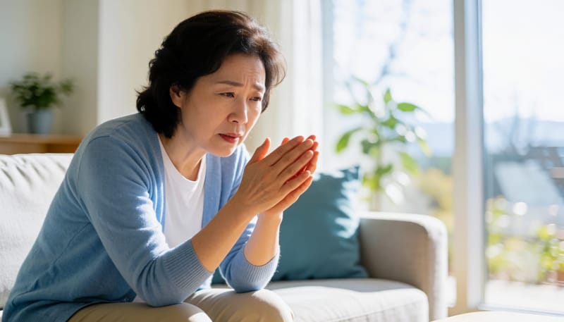 집에서 다리를 주무르며 저림 증상을 살피는 여성