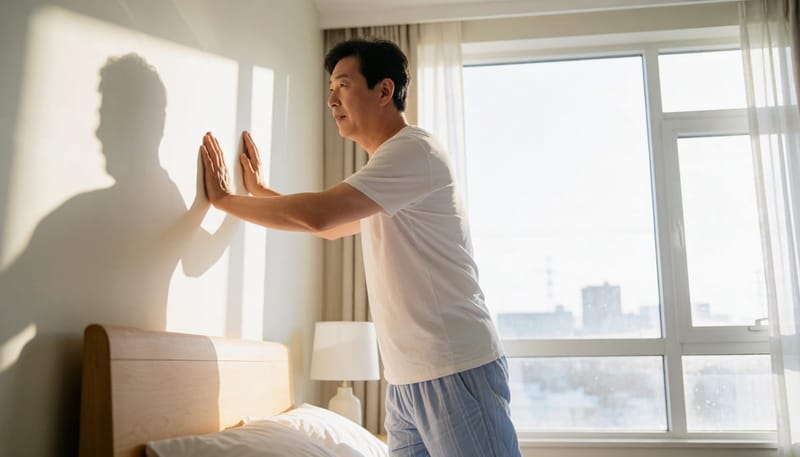 아침에 일어나 다리 저림으로 벽을 짚고 있는 중년 남성