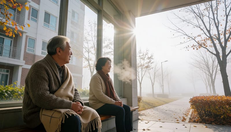 환절기 아침 찬 공기 속에서 허리를 문지르는 노년 남성