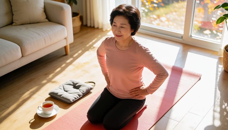 실내에서 온열팩과 함께 스트레칭하는 여성
