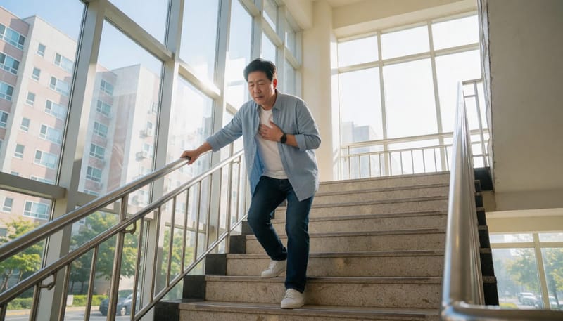 계단을 오르다 멈춰 서서 숨을 고르는 중년 남성