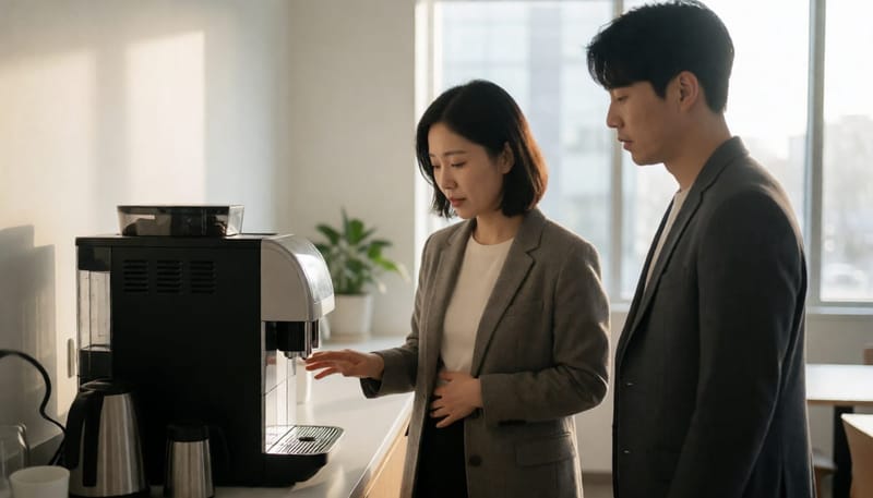회의를 앞두고 배를 만지며 힘들어하는 동료를 걱정스럽게 바라보는 동료