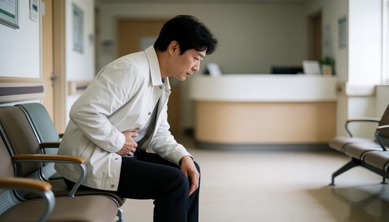 병원 대기실에서 배를 만지며 앉아 있는 남성의 모습