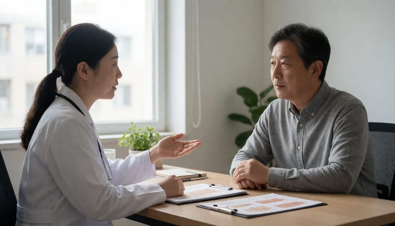 의사와 환자가 치료 방법에 대해 상담하는 진료실 장면