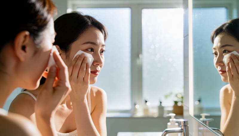 아침에 거울 앞에서 눈가를 티슈로 닦는 여성의 모습
