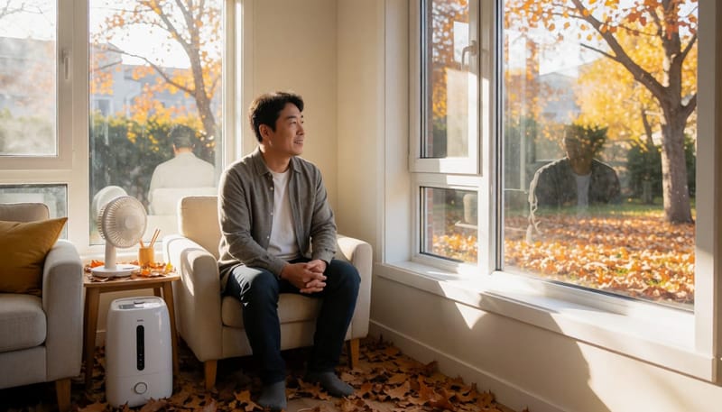 건조한 환절기 집안에서 창가에 앉아 눈을 깜빡이는 중년 남성