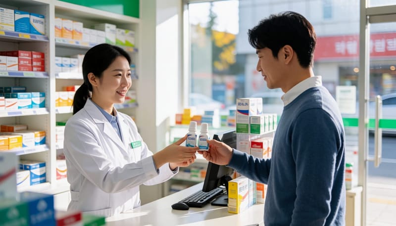 약국에서 약사가 손님에게 인공눈물 안약을 건네는 모습