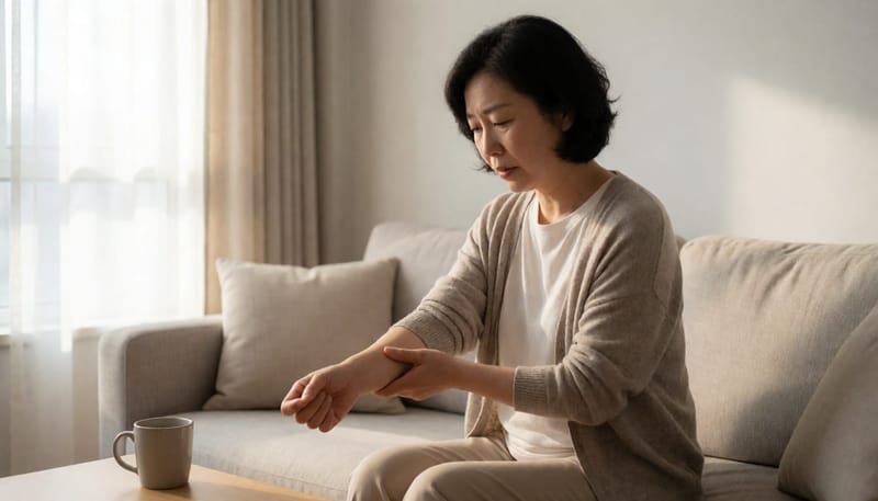 거실 소파에 앉아 팔을 살펴보며 걱정스러운 표정을 짓는 여성